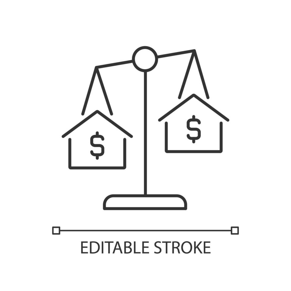 House comparables linear icon. Similar condition homes comparison. Real estate evaluation. Thin line illustration. Contour symbol. Vector outline drawing. Editable stroke. Arial font used