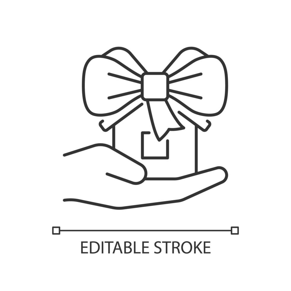 House donative linear icon. Gift dwelling people in need. Real estate charity. Property contribution. Thin line illustration. Contour symbol. Vector outline drawing. Editable stroke. Arial font used