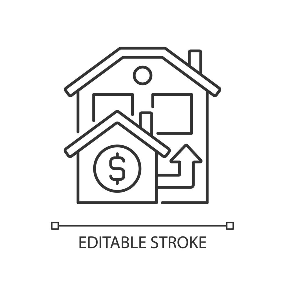 Bridge loan linear icon. Short term loan to exchange accommodation. Real estate. Property sale. Thin line illustration. Contour symbol. Vector outline drawing. Editable stroke. Arial font used