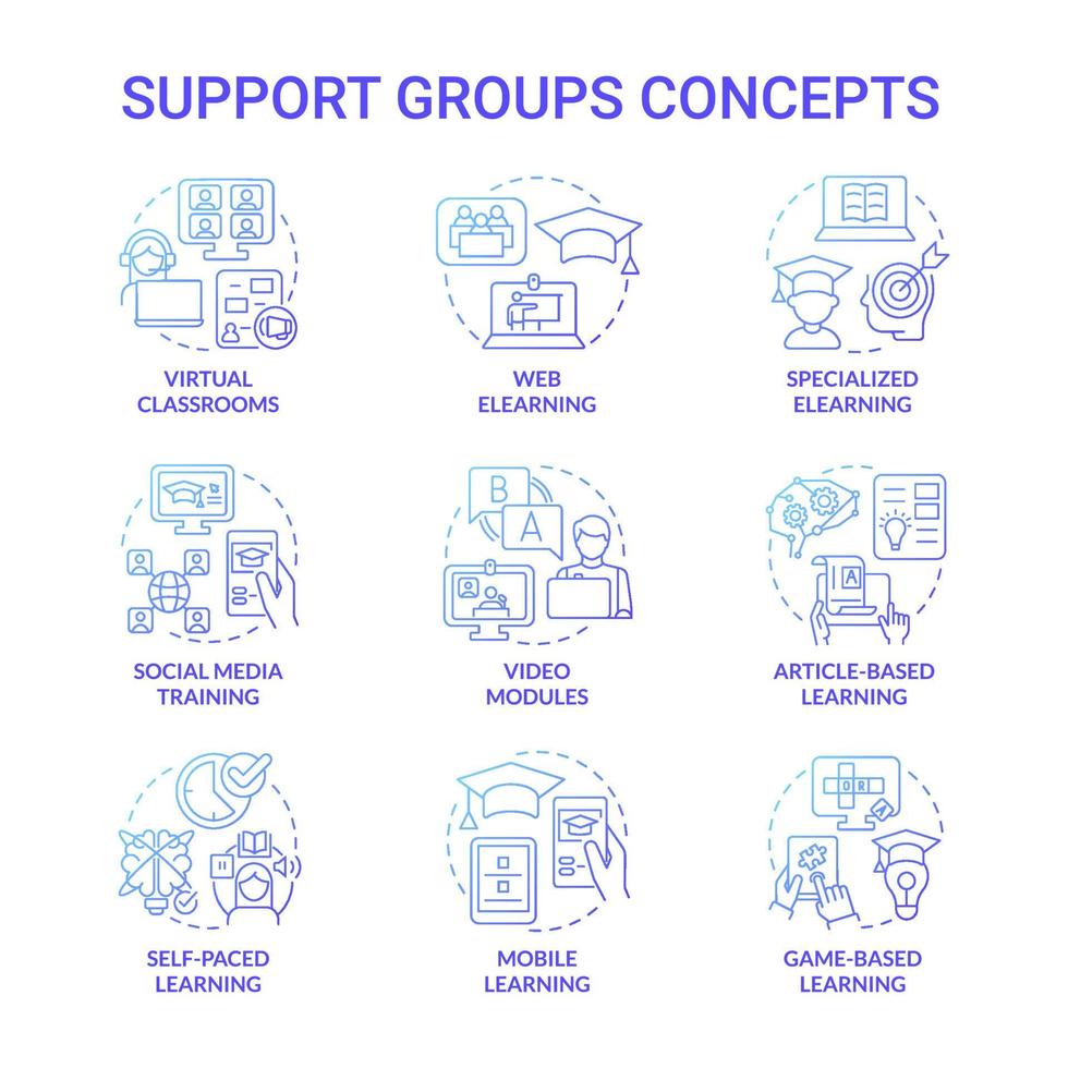 Elearning platform and technique blue gradient concept icons set. Online study idea thin line color illustrations. Isolated outline drawings. Editable stroke. Roboto-Medium, Myriad Pro-Bold fonts used vector