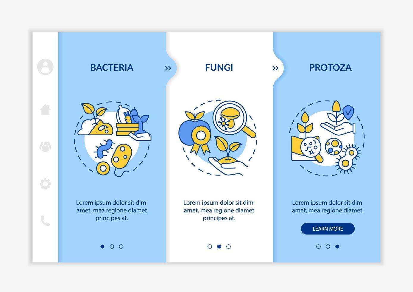 Microorganisms in agriculture blue and white onboarding template. Responsive mobile website with linear concept icons. Web page walkthrough 3 step screens. Lato-Bold, Regular fonts used vector