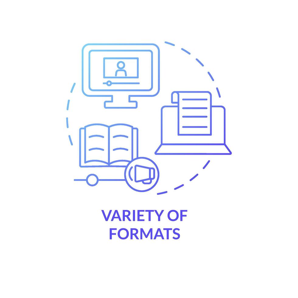 Variety of formats blue gradient concept icon. Elearning platforms features abstract idea thin line illustration. Isolated outline drawing. Editable stroke. Roboto-Medium, Myriad Pro-Bold fonts used vector