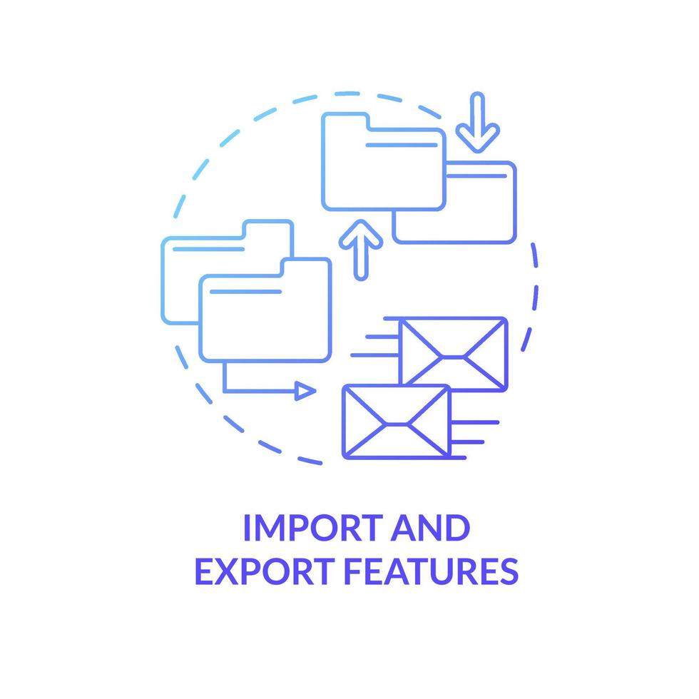 características de importación y exportación icono de concepto de gradiente azul. plataforma de aprendizaje electrónico idea abstracta ilustración de línea delgada. dibujo de contorno aislado. trazo editable. roboto-medium, innumerables fuentes pro-bold utilizadas vector