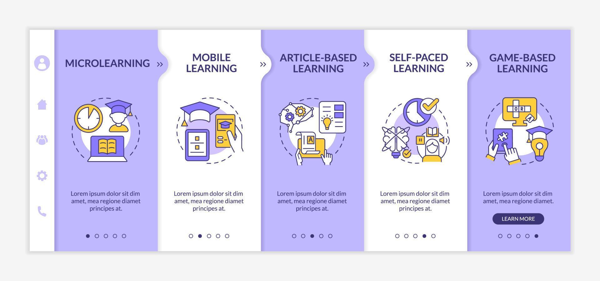 Elearning methods purple and white onboarding template. Digital education. Responsive mobile website with linear concept icons. Web page walkthrough 5 step screens. Lato-Bold, Regular fonts used vector