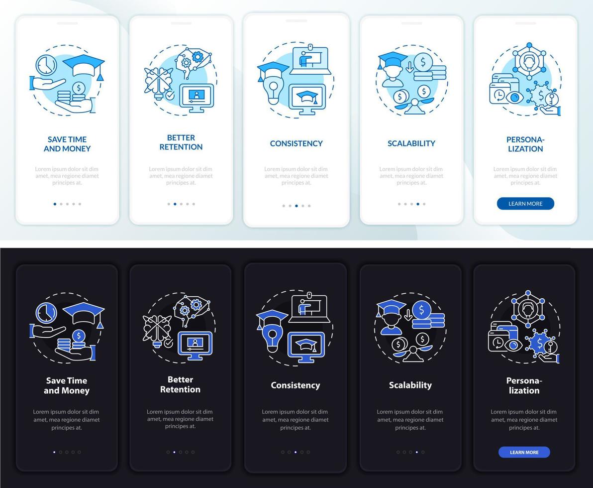 Advantages of elearning night and day mode onboarding mobile app screen. Walkthrough 5 steps graphic instructions pages with linear concepts. UI, UX, GUI template. Myriad Pro-Bold, Regular fonts used vector