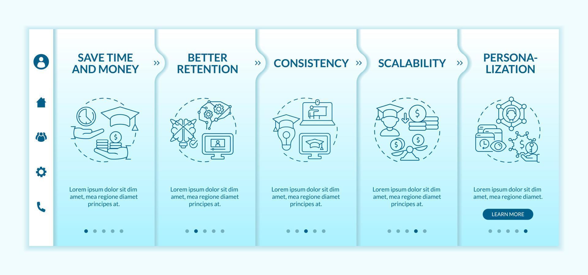 Advantages of elearning turquoise gradient onboarding template. Responsive mobile website with linear concept icons. Web page walkthrough 5 step screens. Lato-Bold, Regular fonts used vector