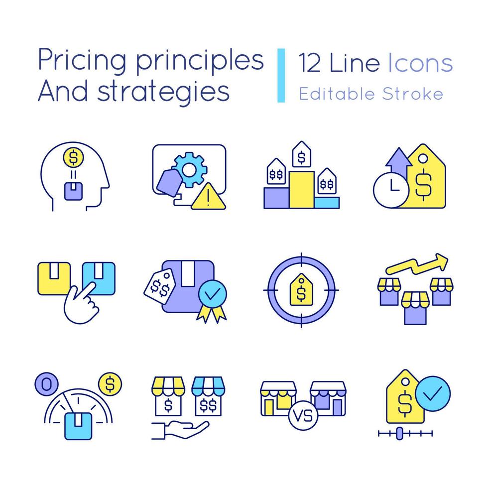 Pricing principles and strategies RGB color icons set. Setting price for product. Isolated vector illustrations. Simple filled line drawings collection. Editable stroke. Quicksand-Light font used