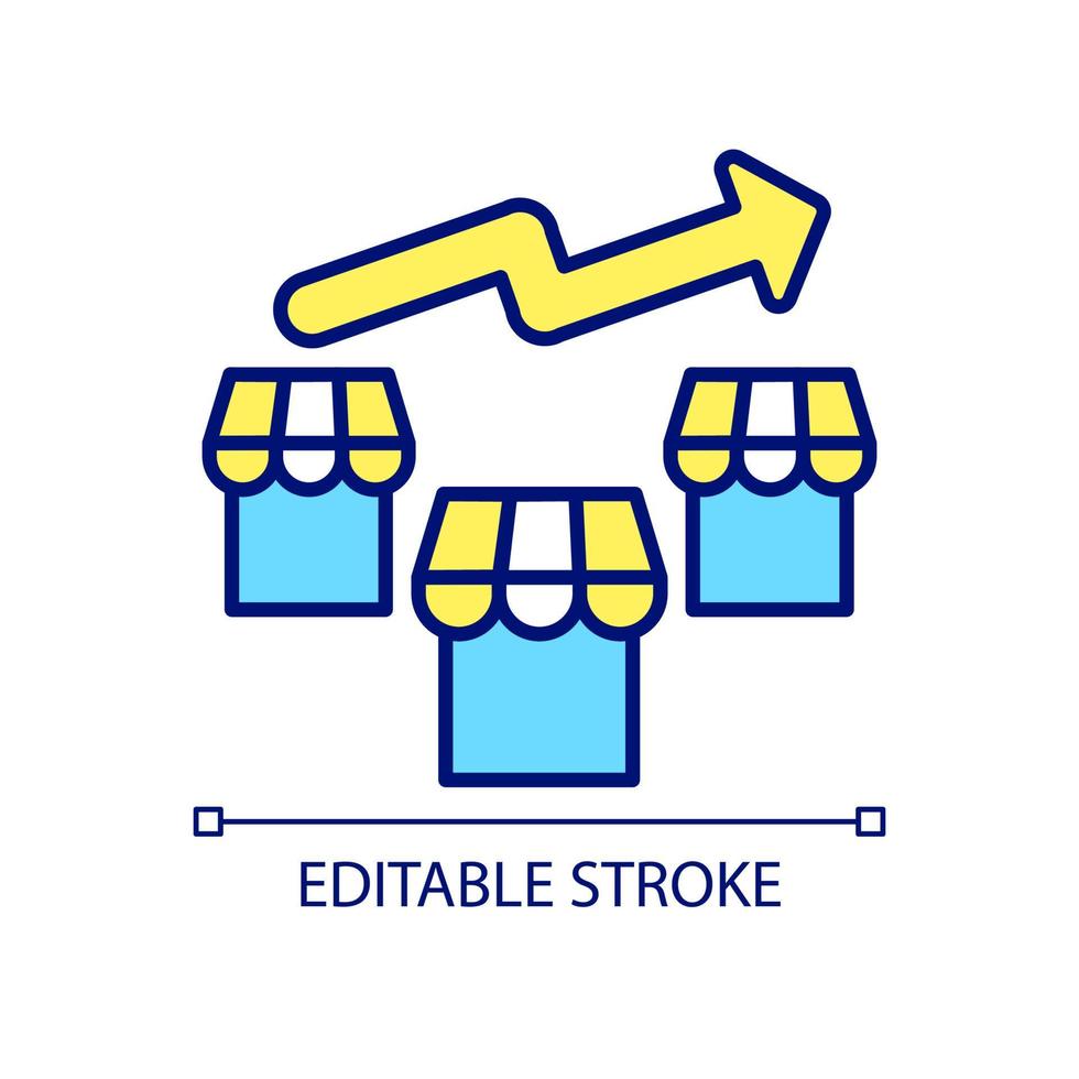 Expanding business RGB color icon. Company development. Achieving new markets. Business growth. Isolated vector illustration. Simple filled line drawing. Editable stroke. Arial font used