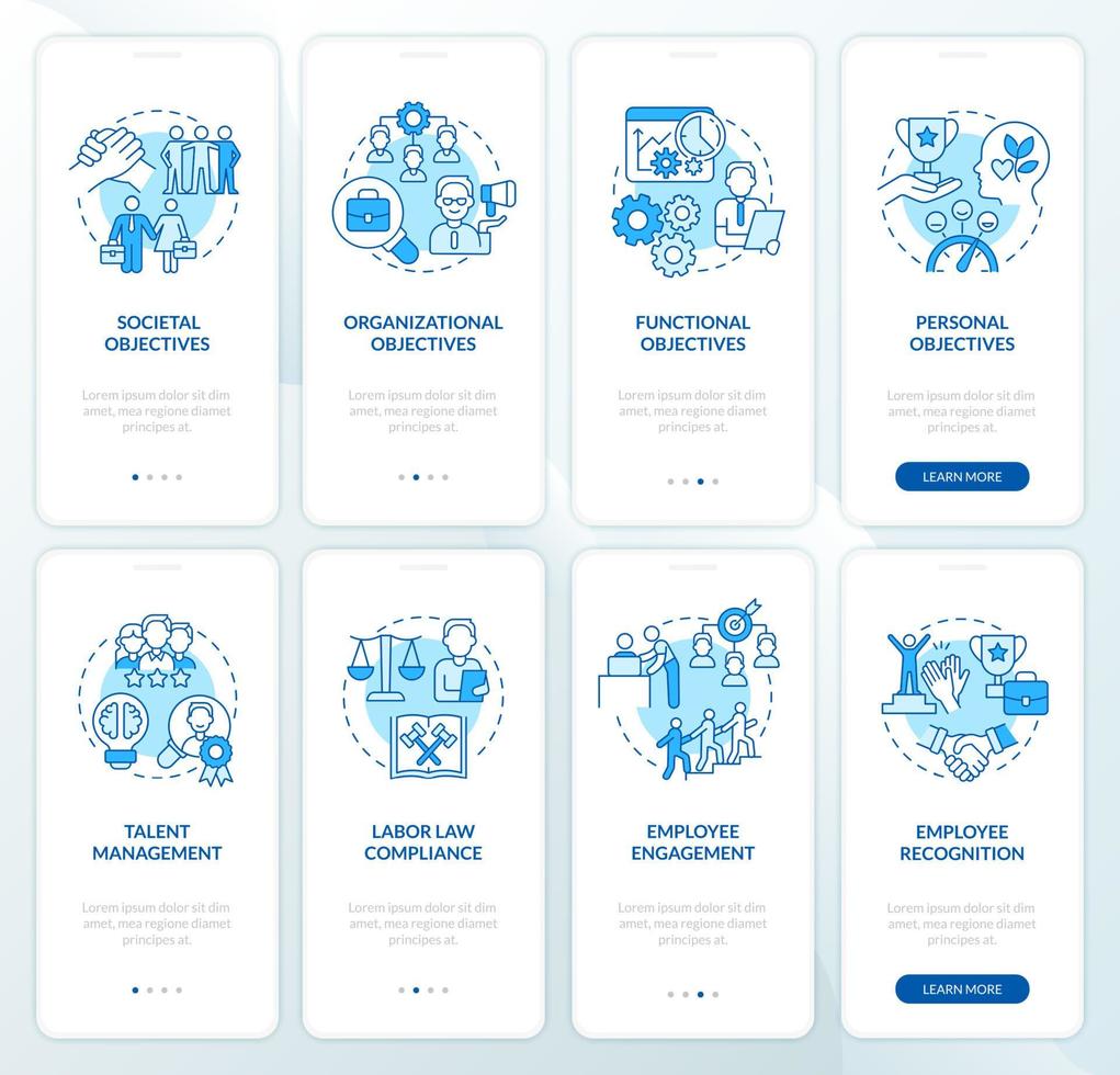 HR and business management blue onboarding mobile app screen set. Walkthrough 4 steps graphic instructions pages with linear concepts. UI, UX, GUI template. Myriad Pro-Bold, Regular fonts used vector