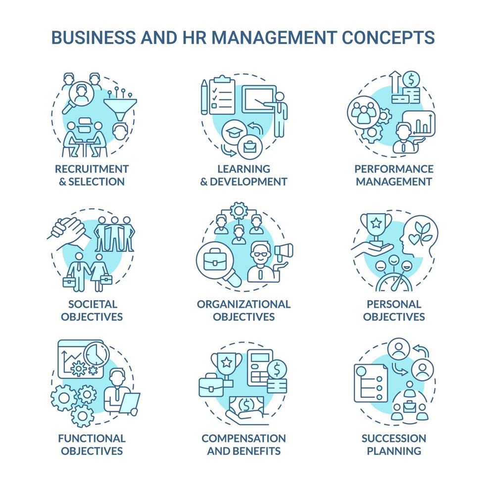 HR and business management turquoise concept icons set. Human resource duties idea thin line color illustrations. Isolated outline drawings. Editable stroke. Roboto-Medium, Myriad Pro-Bold fonts used vector