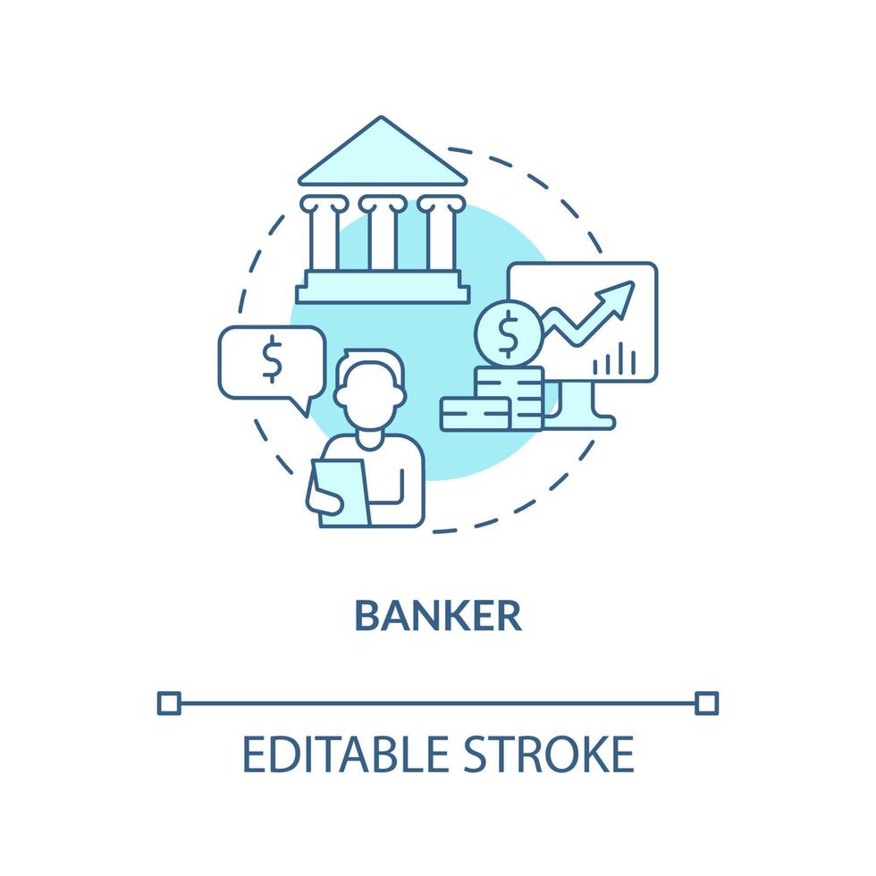 Banker turquoise concept icon. Financial assistance. Business careers abstract idea thin line illustration. Isolated outline drawing. Editable stroke. Roboto-Medium, Myriad Pro-Bold fonts used vector