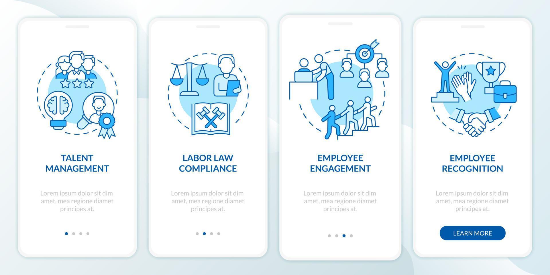 Human resources manager duties blue onboarding mobile app screen. Walkthrough 4 steps graphic instructions pages with linear concepts. UI, UX, GUI template. Myriad Pro-Bold, Regular fonts used vector
