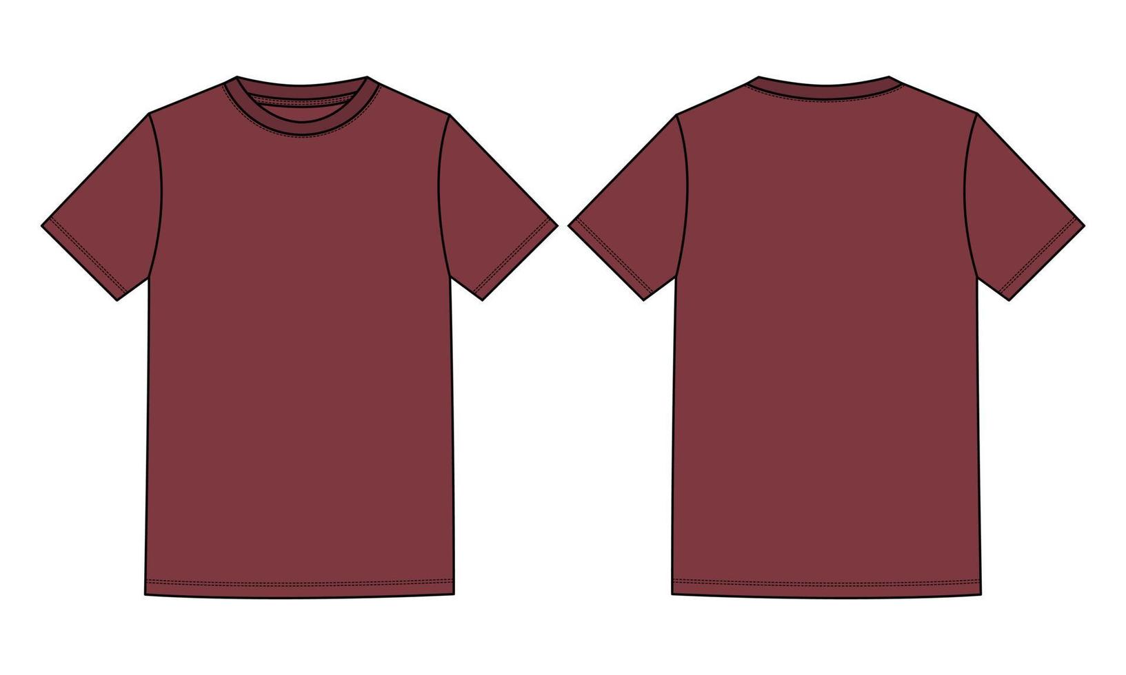 Short Sleeve Basic T shirt Technical Fashion Flat Sketch Vector Illustration Deep Red Color Template Front and Back Views Isolated On white Background.
