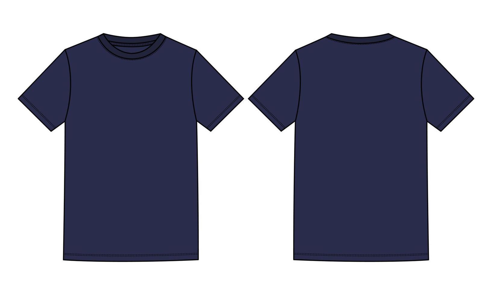 Short Sleeve Basic T shirt Technical Fashion Flat Sketch Vector Illustration Navy Color Template Front and Back Views Isolated On white Background.