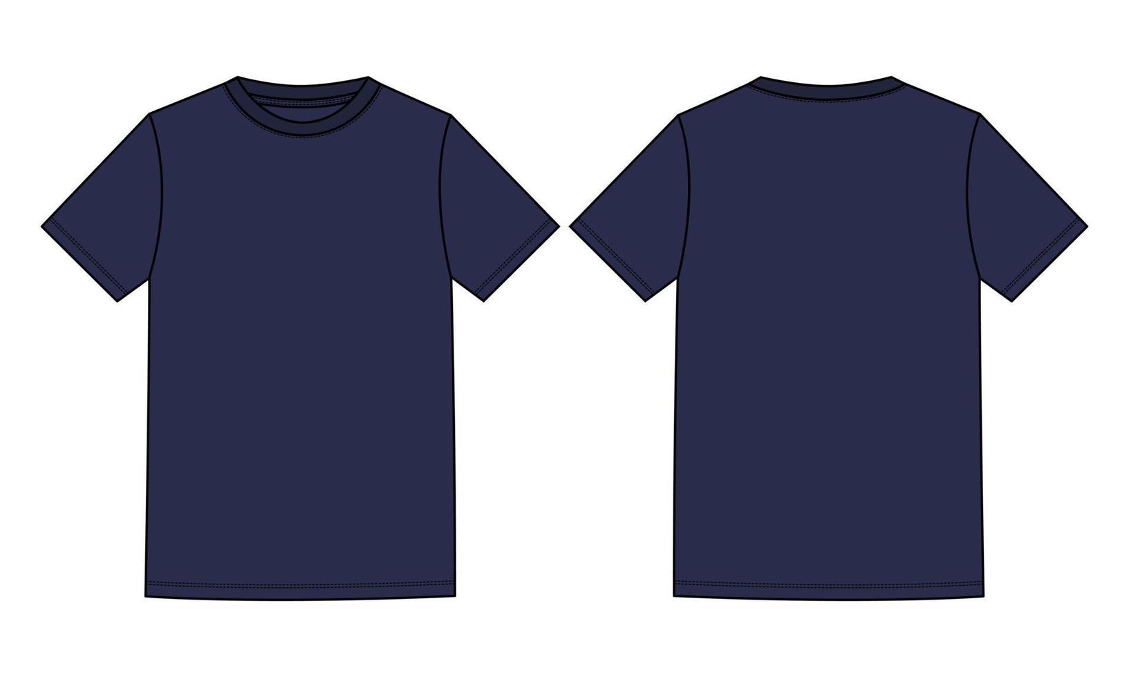 camiseta básica de manga corta moda técnica boceto plano ilustración vectorial plantilla de color azul marino vistas frontal y posterior aisladas en fondo blanco. vector