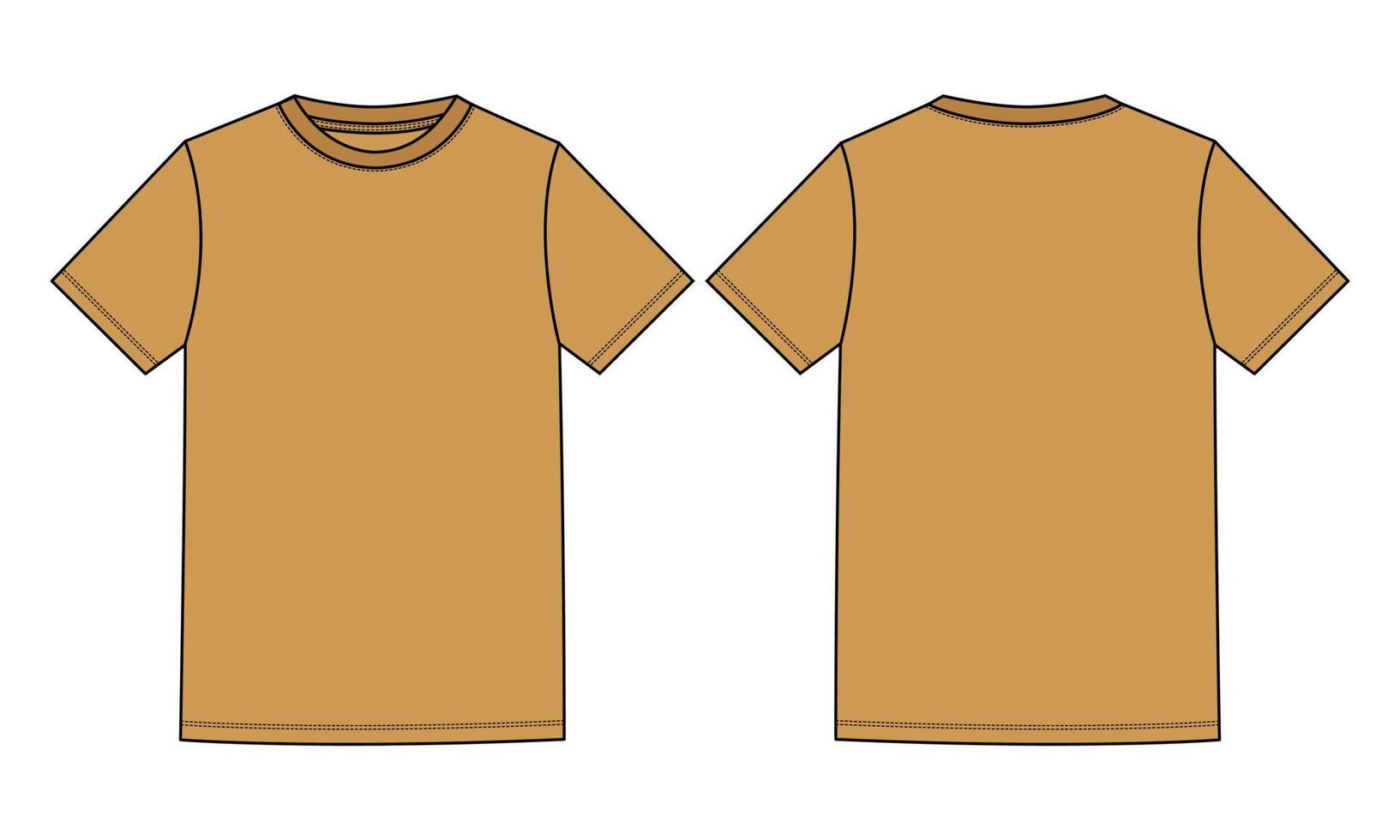 camiseta básica de manga corta moda técnica boceto plano ilustración vectorial plantilla de color amarillo vistas frontal y posterior aisladas en fondo blanco. vector