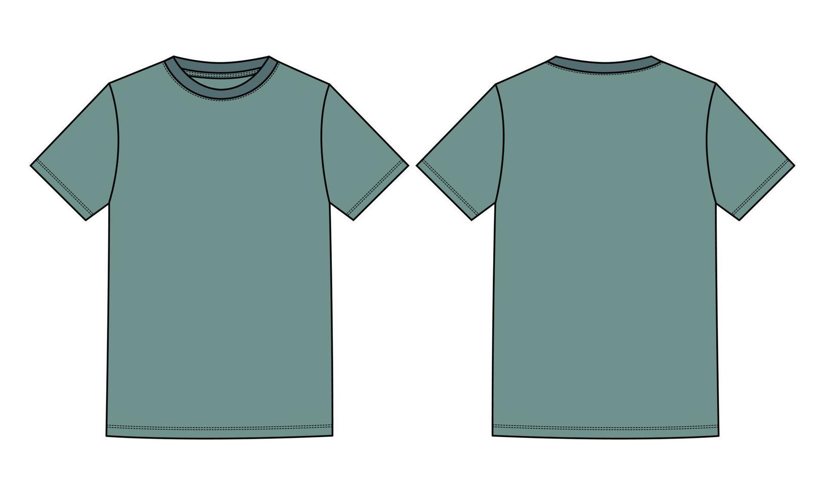 camiseta básica de manga corta moda técnica boceto plano ilustración vectorial plantilla de color verde claro vistas frontal y posterior aisladas en fondo blanco. vector