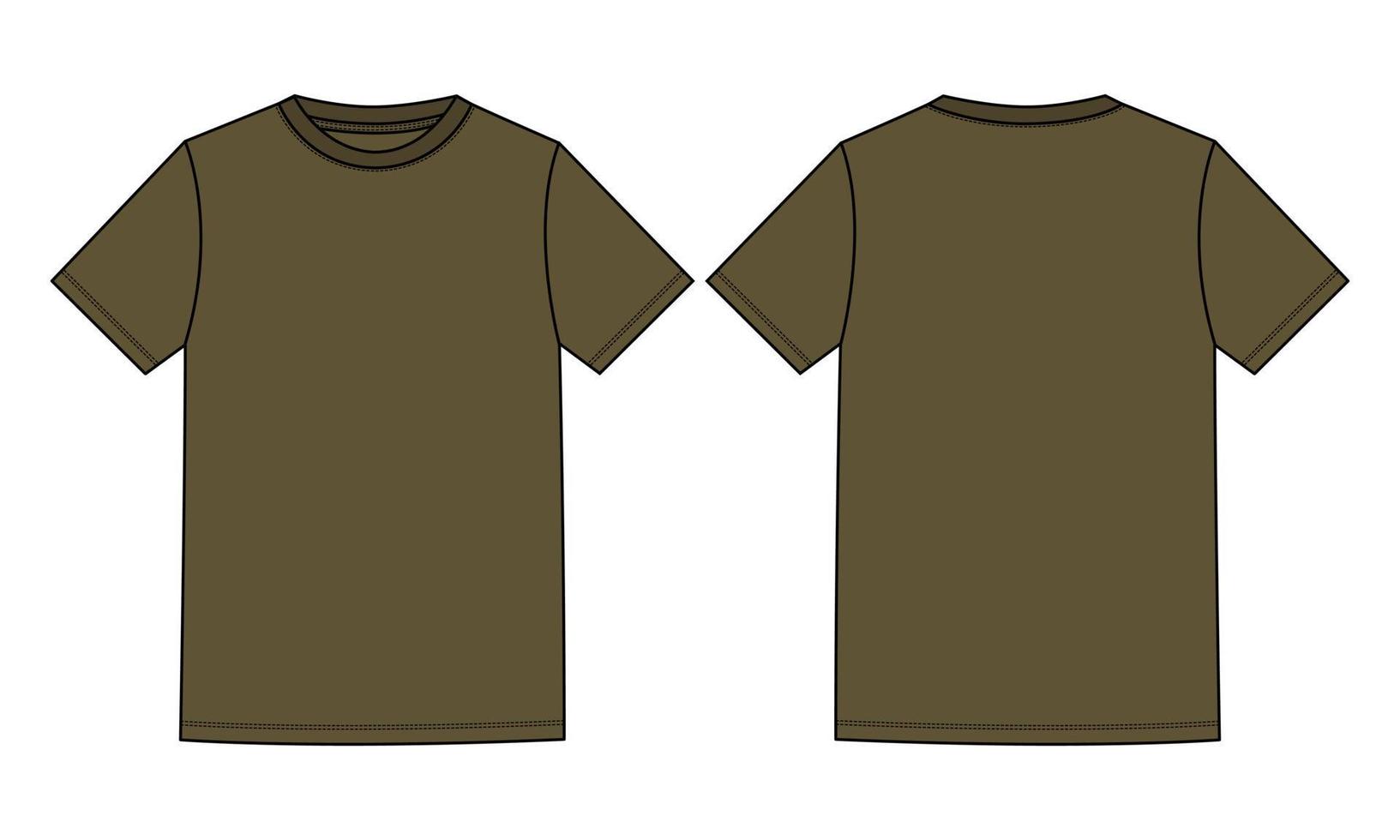 Short Sleeve Basic T shirt Technical Fashion Flat Sketch Vector Illustration Coffee Color Template Front and Back Views Isolated On white Background.