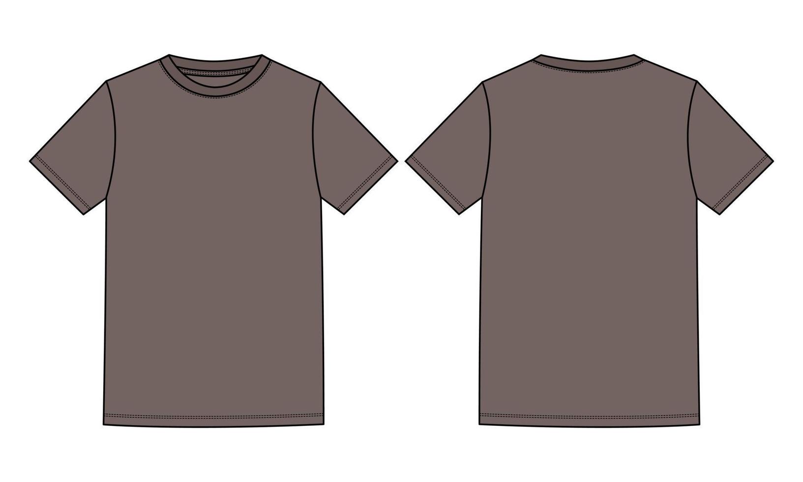 Short Sleeve Basic T shirt Technical Fashion Flat Sketch Vector Illustration Khaki Color Template Front and Back Views Isolated On white Background.