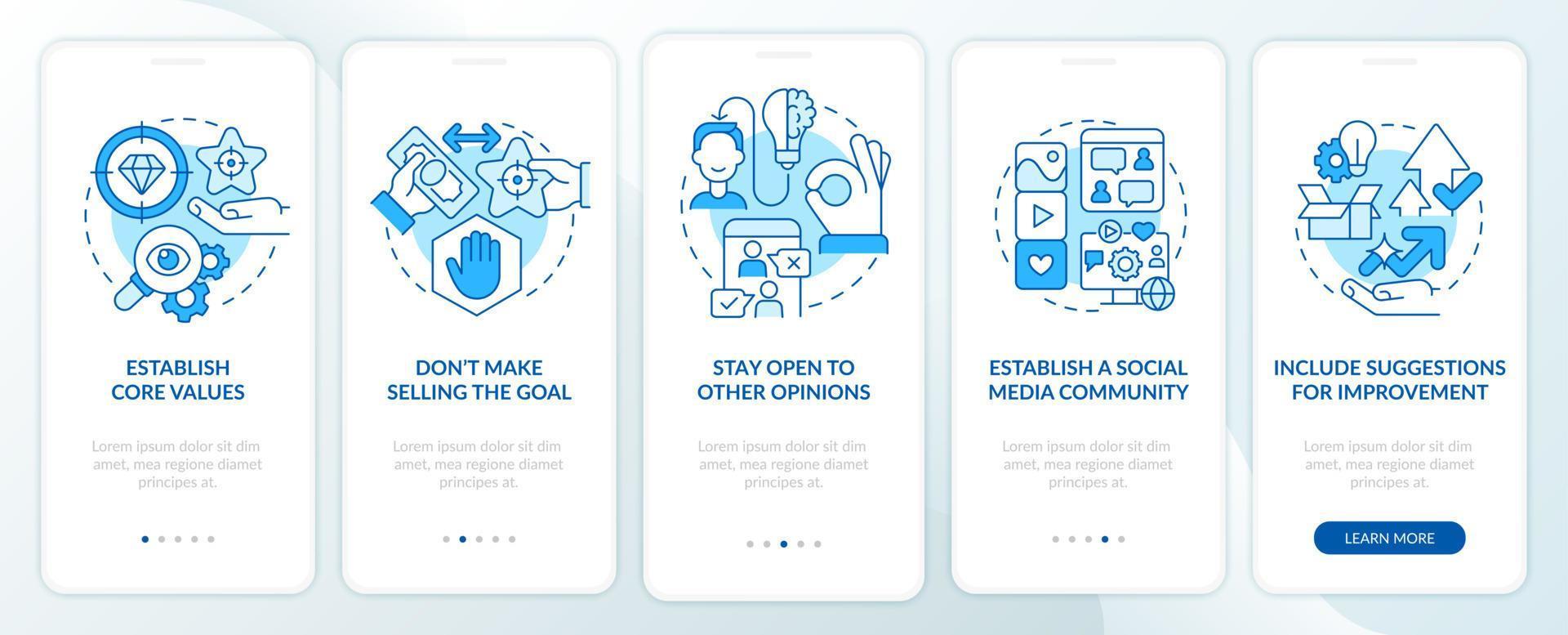 Ways to establish transparency blue onboarding mobile app screen. Company walkthrough 5 steps graphic instructions pages with linear concepts. UI, UX, GUI template. Myriad Pro-Bold, Regular fonts used vector