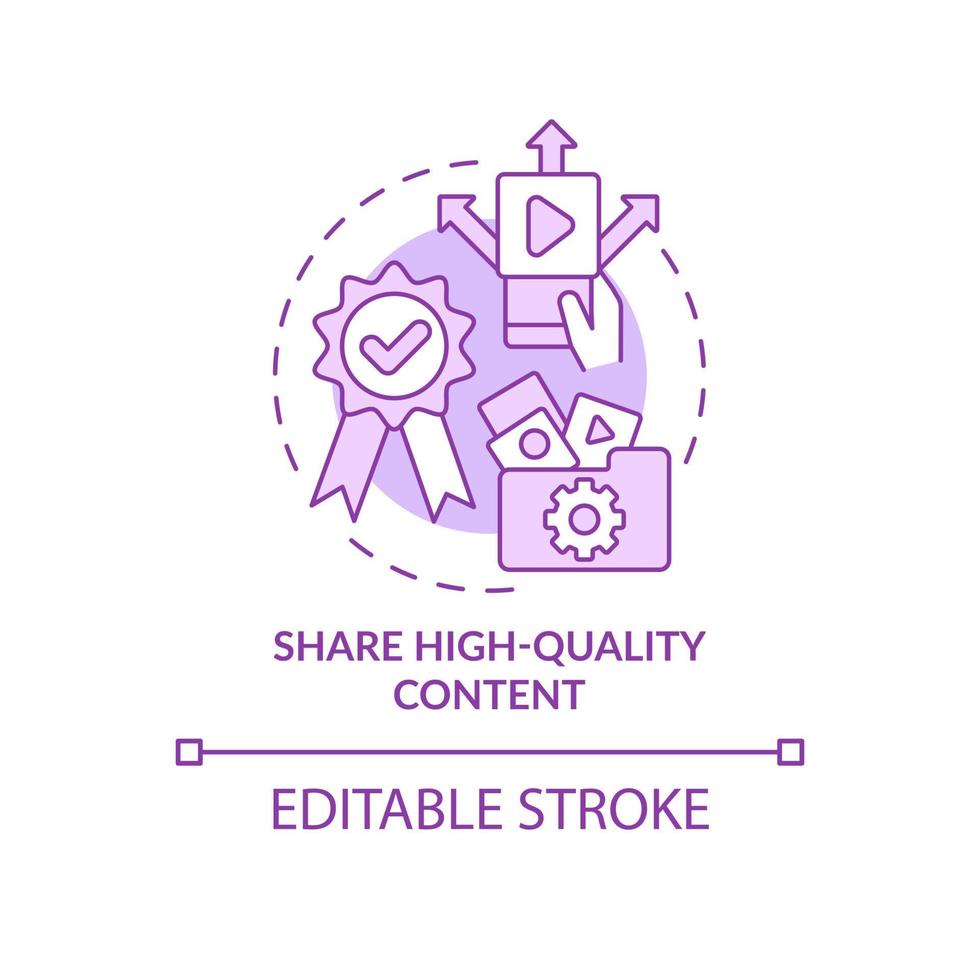 Share high-quality content purple concept icon. Engaging on social media abstract idea thin line illustration. Isolated outline drawing. Editable stroke. Roboto-Medium, Myriad Pro-Bold fonts used vector