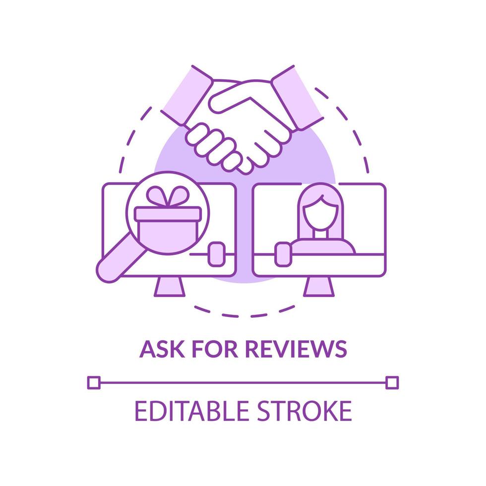 Ask for reviews purple concept icon. Social media marketing transparency abstract idea thin line illustration. Isolated outline drawing. Editable stroke. Roboto-Medium, Myriad Pro-Bold fonts used vector