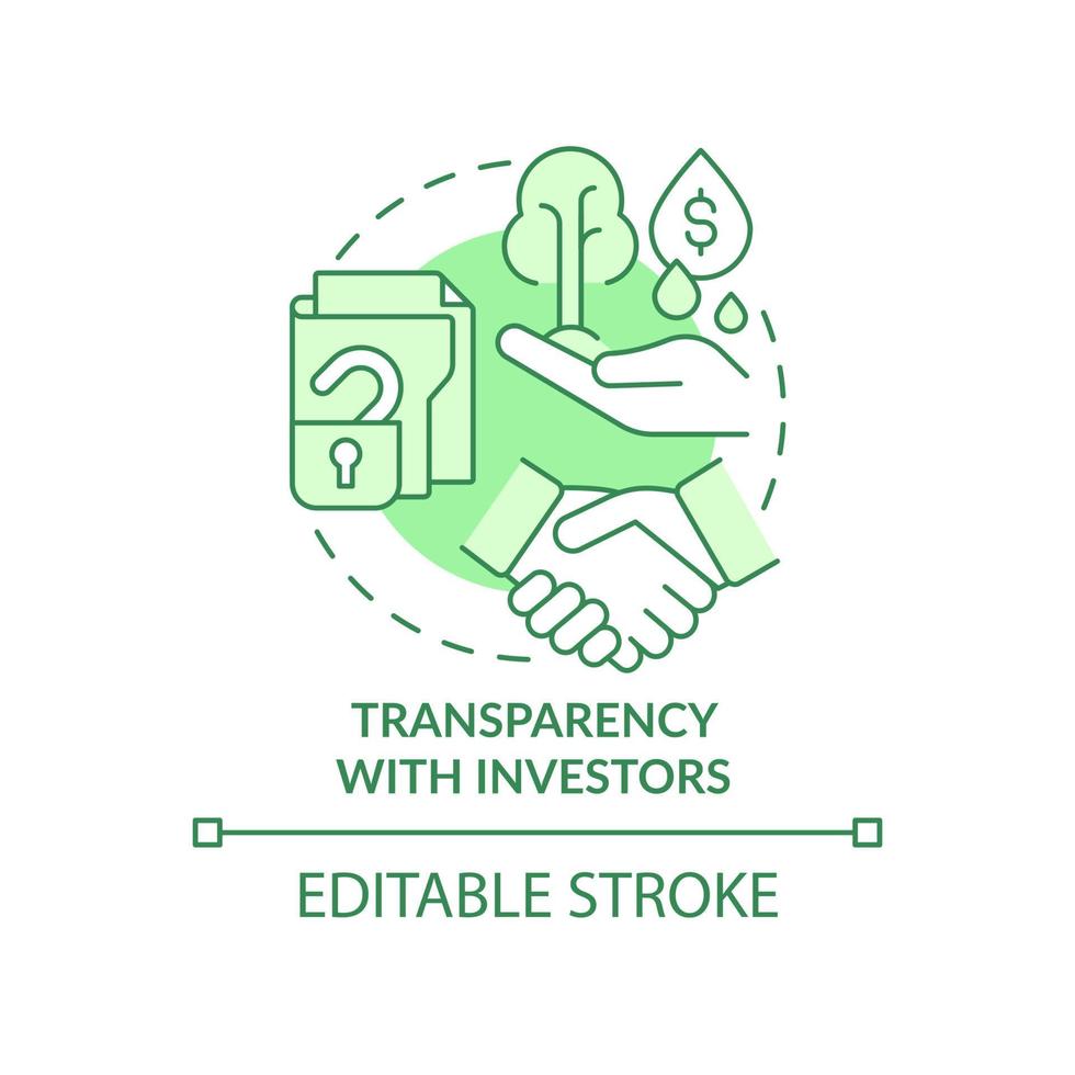 Transparency with investors green concept icon. Financial operations openness abstract idea thin line illustration. Isolated outline drawing. Editable stroke. Roboto-Medium, Myriad Pro-Bold fonts used vector