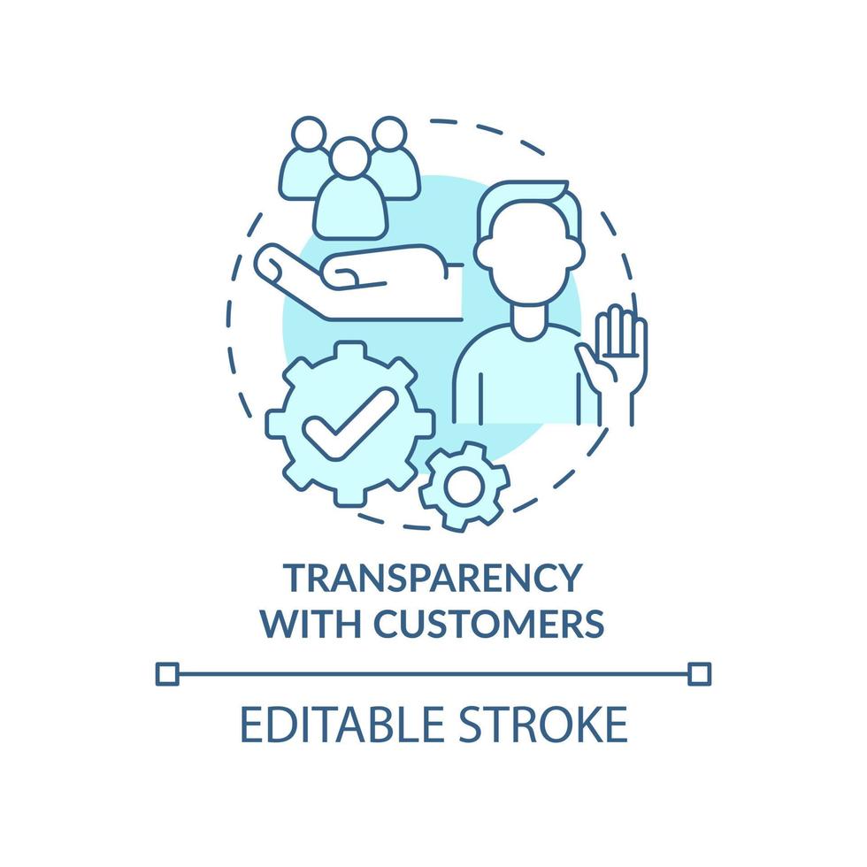 Transparency with customers turquoise concept icon. Trustful company service abstract idea thin line illustration. Isolated outline drawing. Editable stroke. Roboto-Medium, Myriad Pro-Bold fonts used vector