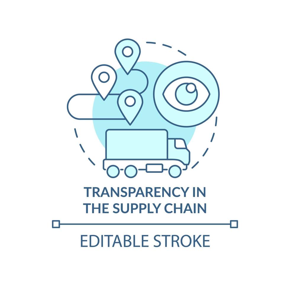 Transparency in supply chain turquoise concept icon. Logistics and tracking abstract idea thin line illustration. Isolated outline drawing. Editable stroke. Roboto-Medium, Myriad Pro-Bold fonts used vector