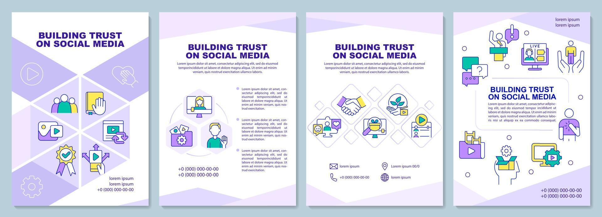 Build trust on social media purple brochure template. Booklet print design with linear icons. Vector layouts for presentation, annual reports, ads. Arial-Black, Myriad Pro-Regular fonts used