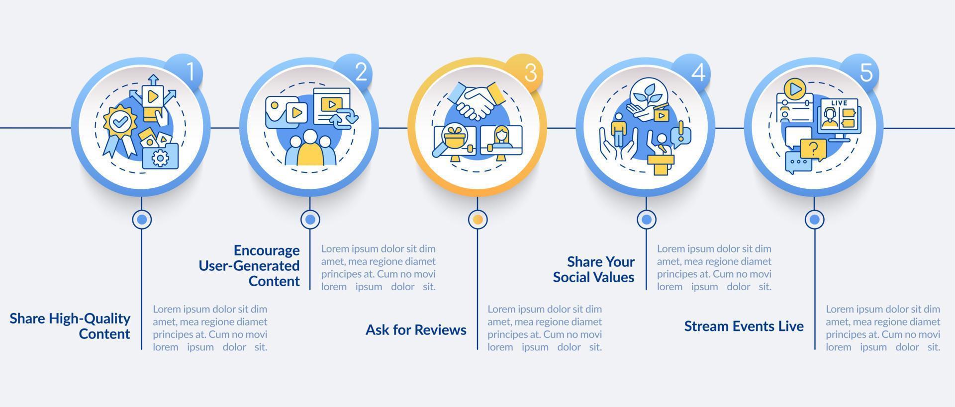 cómo generar confianza en la plantilla infográfica del círculo de redes sociales. visualización de datos con 5 pasos. gráfico de información de la línea de tiempo del proceso. diseño de flujo de trabajo con iconos de línea. lato-negrita, fuentes regulares utilizadas vector