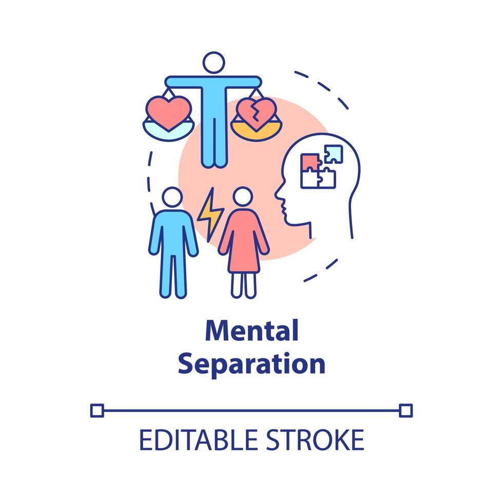 icono del concepto de separación mental. problema en la relación. ruptura del matrimonio idea abstracta ilustración de línea delgada. dibujo de contorno aislado. trazo editable. roboto-medium, innumerables fuentes pro-bold utilizadas vector