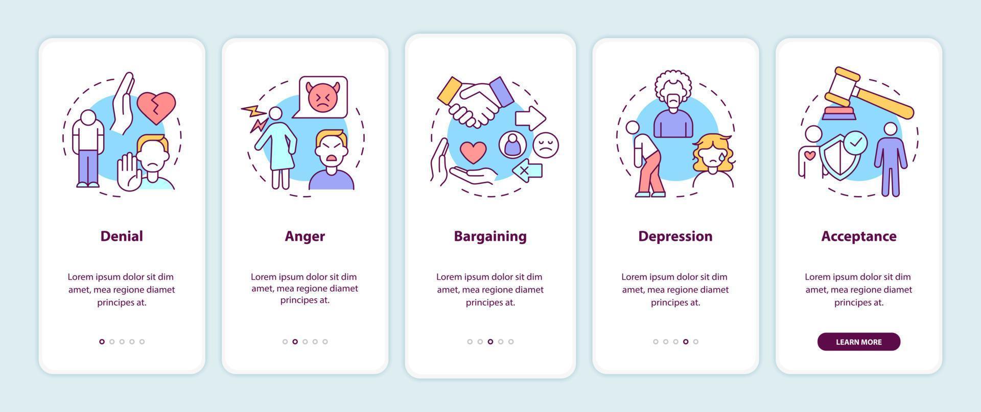 Divorce stages onboarding mobile app screen. Mental states walkthrough 5 steps graphic instructions pages with linear concepts. UI, UX, GUI template. Myriad Pro-Bold, Regular fonts used vector