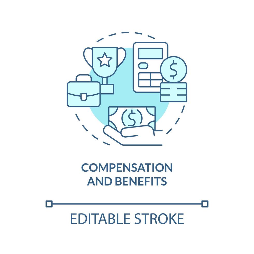 compensación y beneficios icono de concepto turquesa. salario y recompensas. hr idea abstracta ilustración de línea delgada. dibujo de contorno aislado. trazo editable. roboto-medium, innumerables fuentes pro-bold utilizadas vector