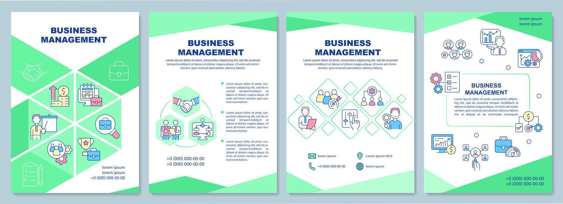 Business mangement brochure template. Coordination and control. Booklet print design with linear icons. Vector layouts for presentation, annual reports, ads. Arial-Black, Myriad Pro-Regular fonts used