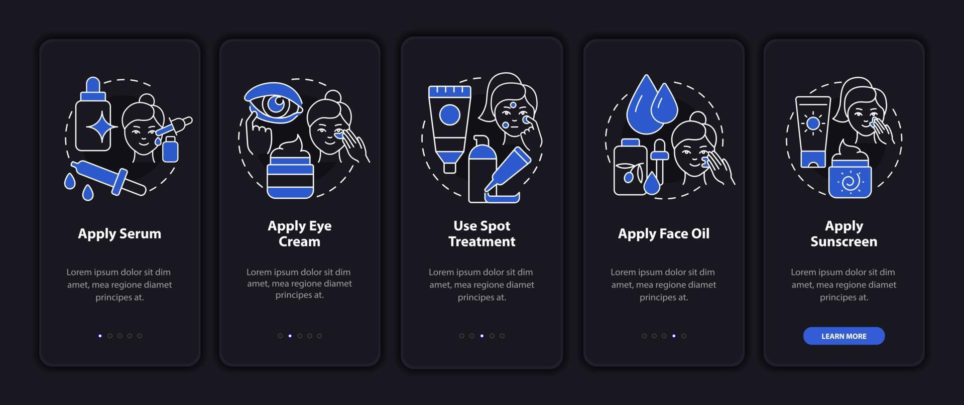 Skincare routine tips night mode onboarding mobile app screen. Skin walkthrough 5 steps graphic instructions pages with linear concepts. UI, UX, GUI template. Myriad Pro-Bold, Regular fonts used vector