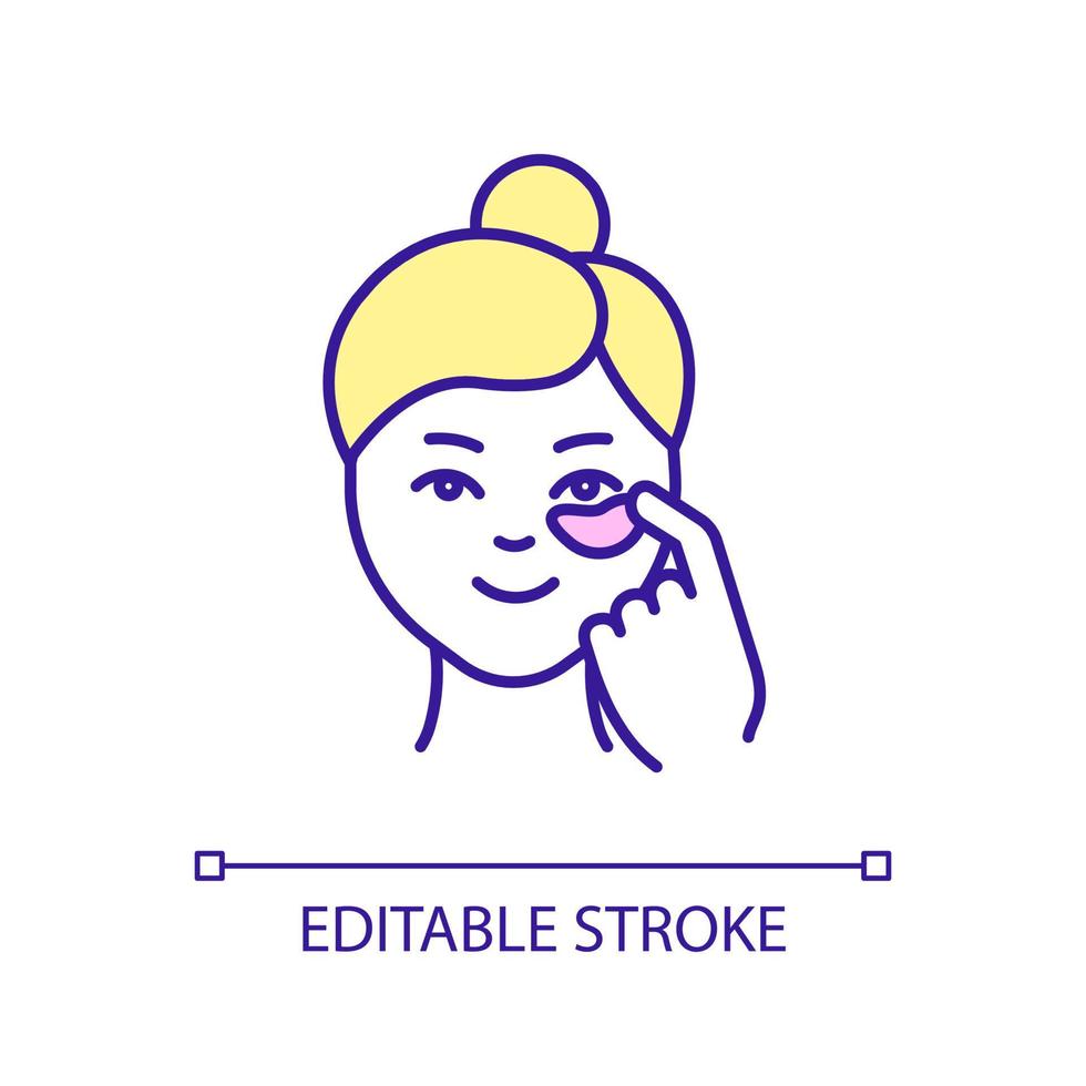 Use eye patches RGB color icon. Under eye area care. Skincare routine. Beauty and health. Isolated vector illustration. Simple filled line drawing. Editable stroke. Arial font used