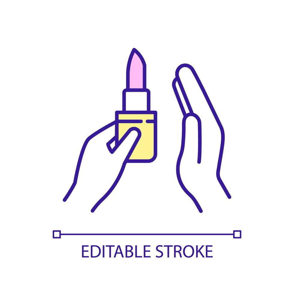 Lipstick RGB color icon. Makeup cosmetic product. Hands and lip gloss. Beauty practice. Apply visage. Isolated vector illustration. Simple filled line drawing. Editable stroke. Arial font used