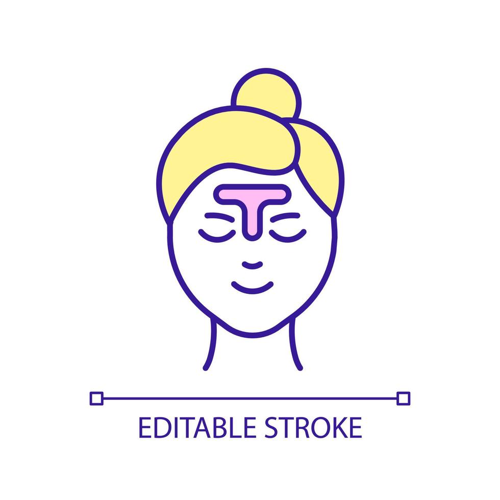 Care of t-zone RGB color icon. Procedure for facial skin health. Skincare routine. Beauty practice. Isolated vector illustration. Simple filled line drawing. Editable stroke. Arial font used