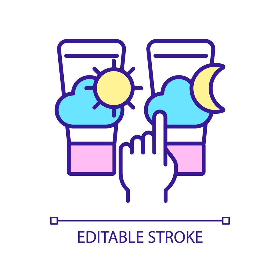 Day and night skincare products RGB color icon. Choose remedy for healthy skin. Beauty routine. Isolated vector illustration. Simple filled line drawing. Editable stroke. Arial font used