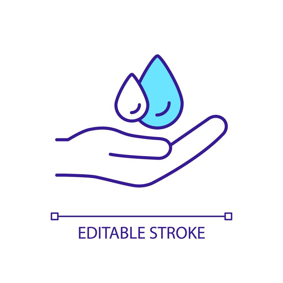 Choose water based cosmetic products RGB color icon. Oily skin protection. Hand and drops. Skincare routine. Isolated vector illustration. Simple filled line drawing. Editable stroke. Arial font used