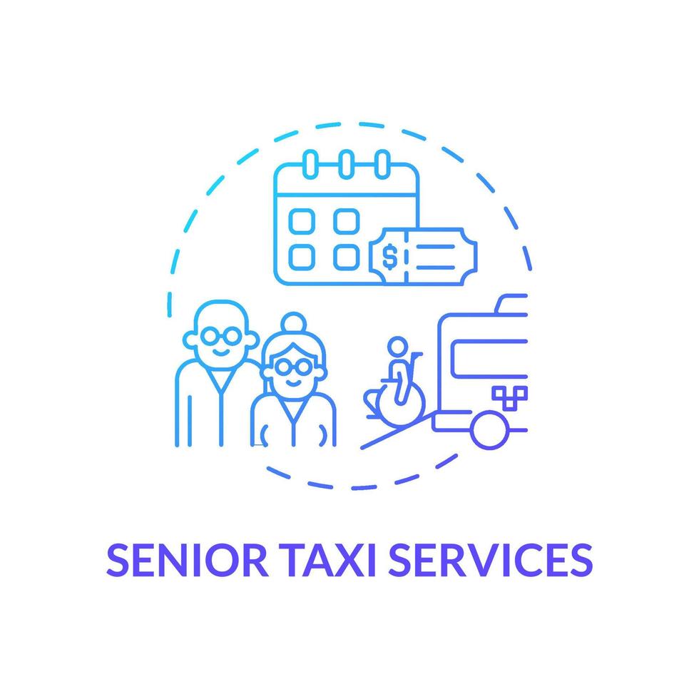 icono de concepto de gradiente azul de servicio de taxi para personas mayores. configurar la ilustración de línea delgada de idea abstracta de negocio de entrega y envío. dibujo de contorno aislado. roboto-medium, innumerables fuentes pro-bold utilizadas vector