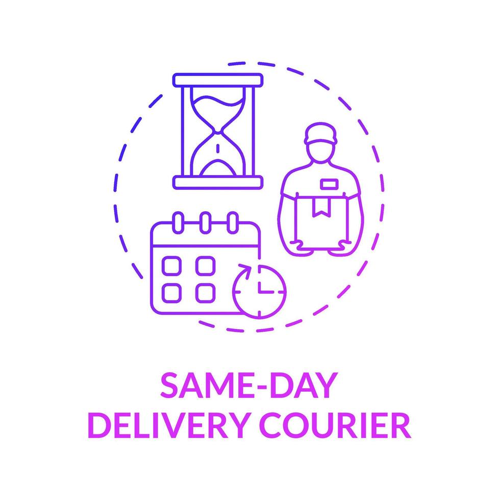 Same day delivery courier purple gradient concept icon. Urgent and fast shipment abstract idea thin line illustration. Isolated outline drawing. Roboto-Medium, Myriad Pro-Bold fonts used vector