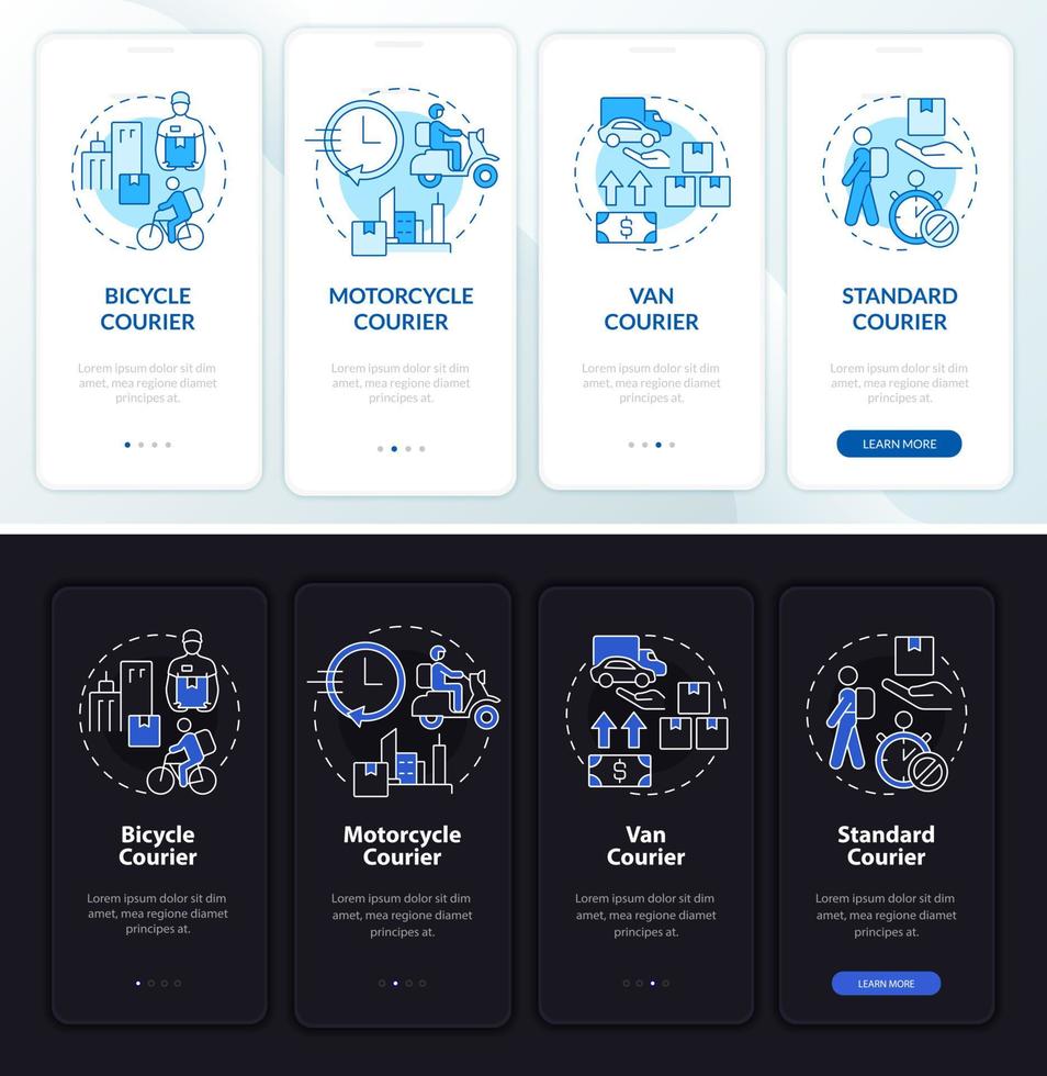 pantalla de aplicación móvil de incorporación de tema de día y noche de negocios de mensajería. Tutorial de servicio de entrega Páginas gráficas de 4 pasos con conceptos lineales. interfaz de usuario, ux, plantilla de interfaz gráfica de usuario. innumerables fuentes pro-negrita y regulares utilizadas vector