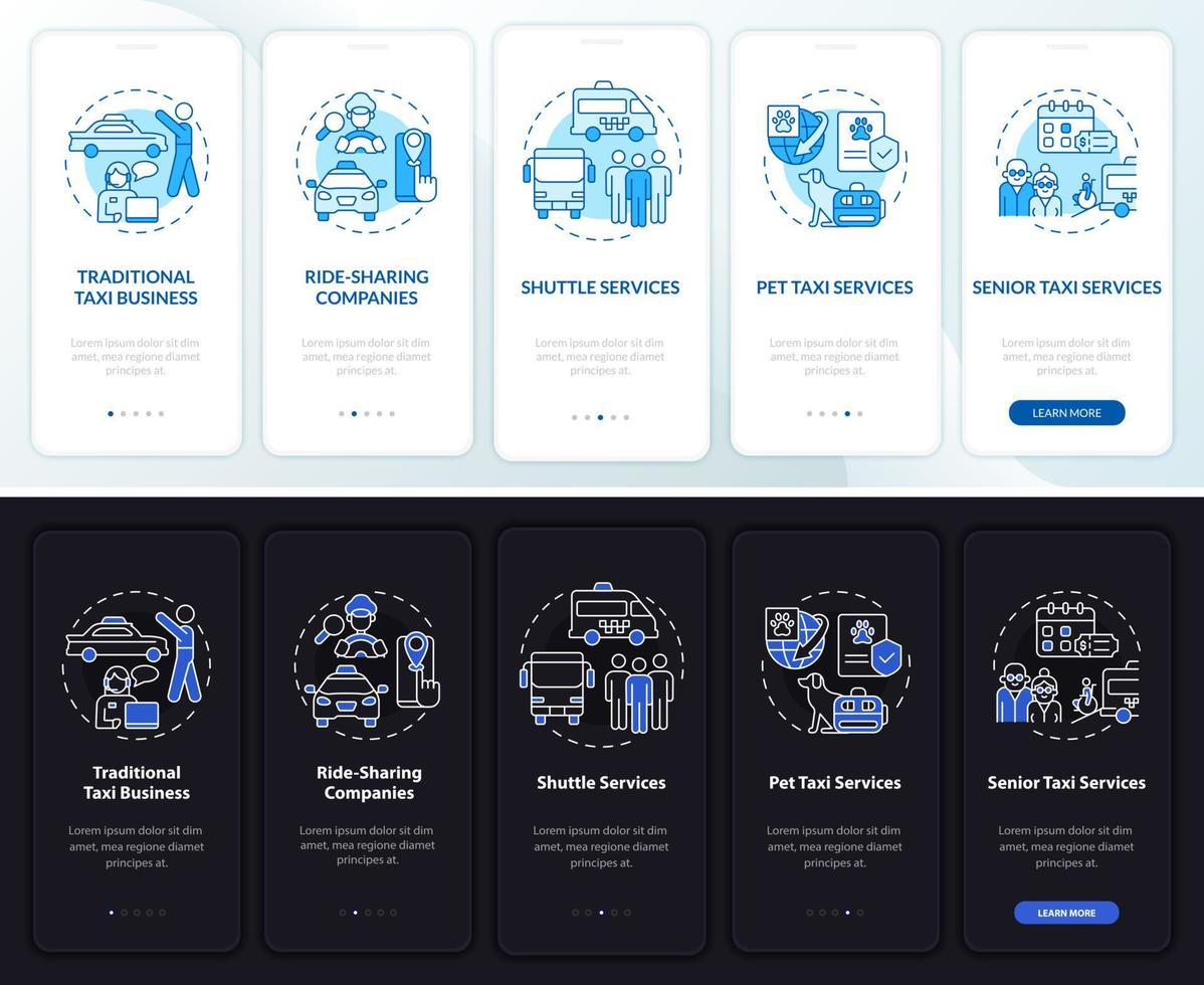 Taxi business types day and night theme onboarding mobile app screen. Shipping walkthrough 5 steps graphic instructions pages with concepts. UI, UX, GUI template. Myriad Pro-Bold, Regular fonts used vector