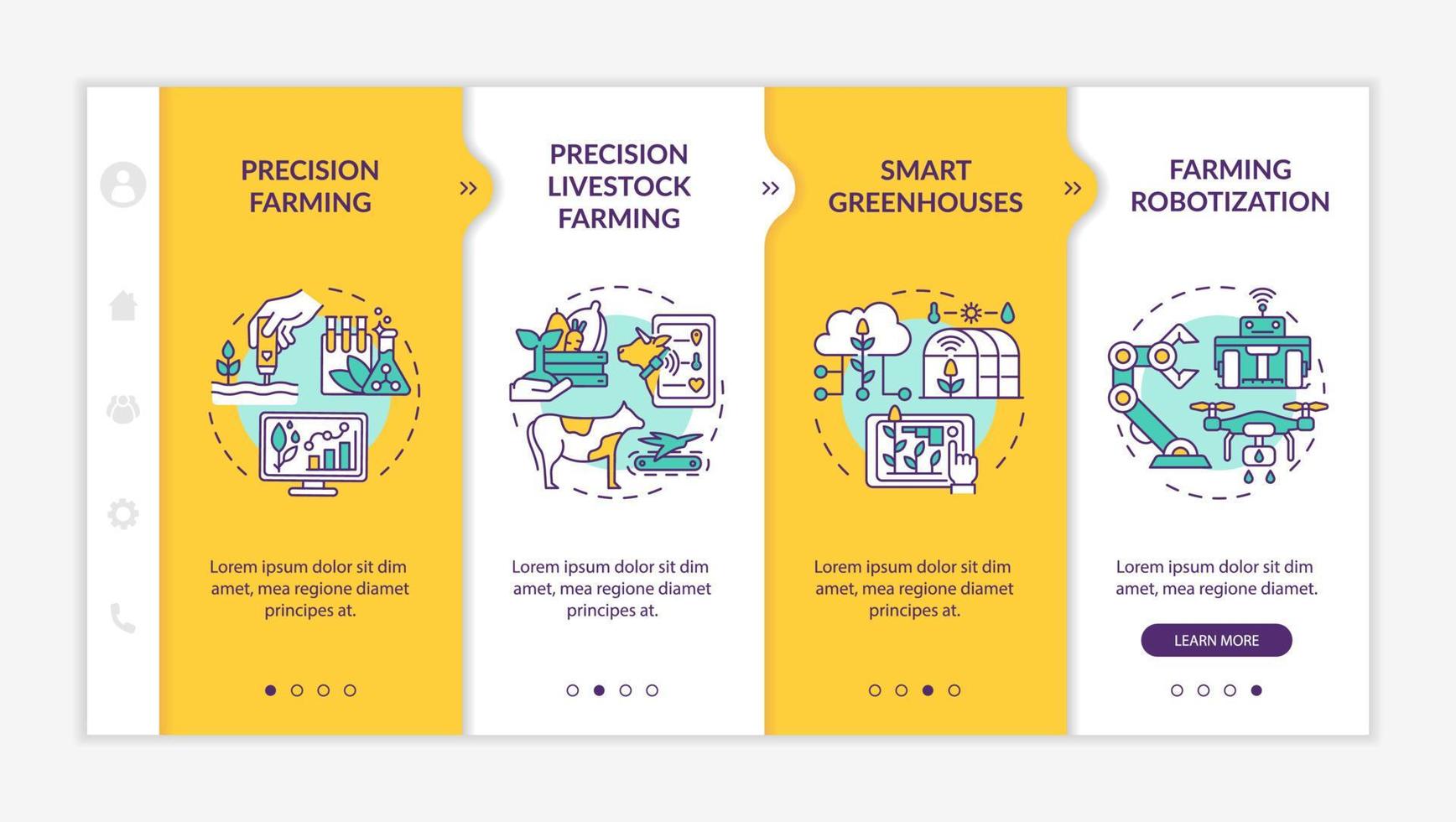 Digital agriculture yellow onboarding template. Precision livestock farming. Responsive mobile website with linear concept icons. Web page walkthrough 4 step screens. Lato-Bold, Regular fonts used vector