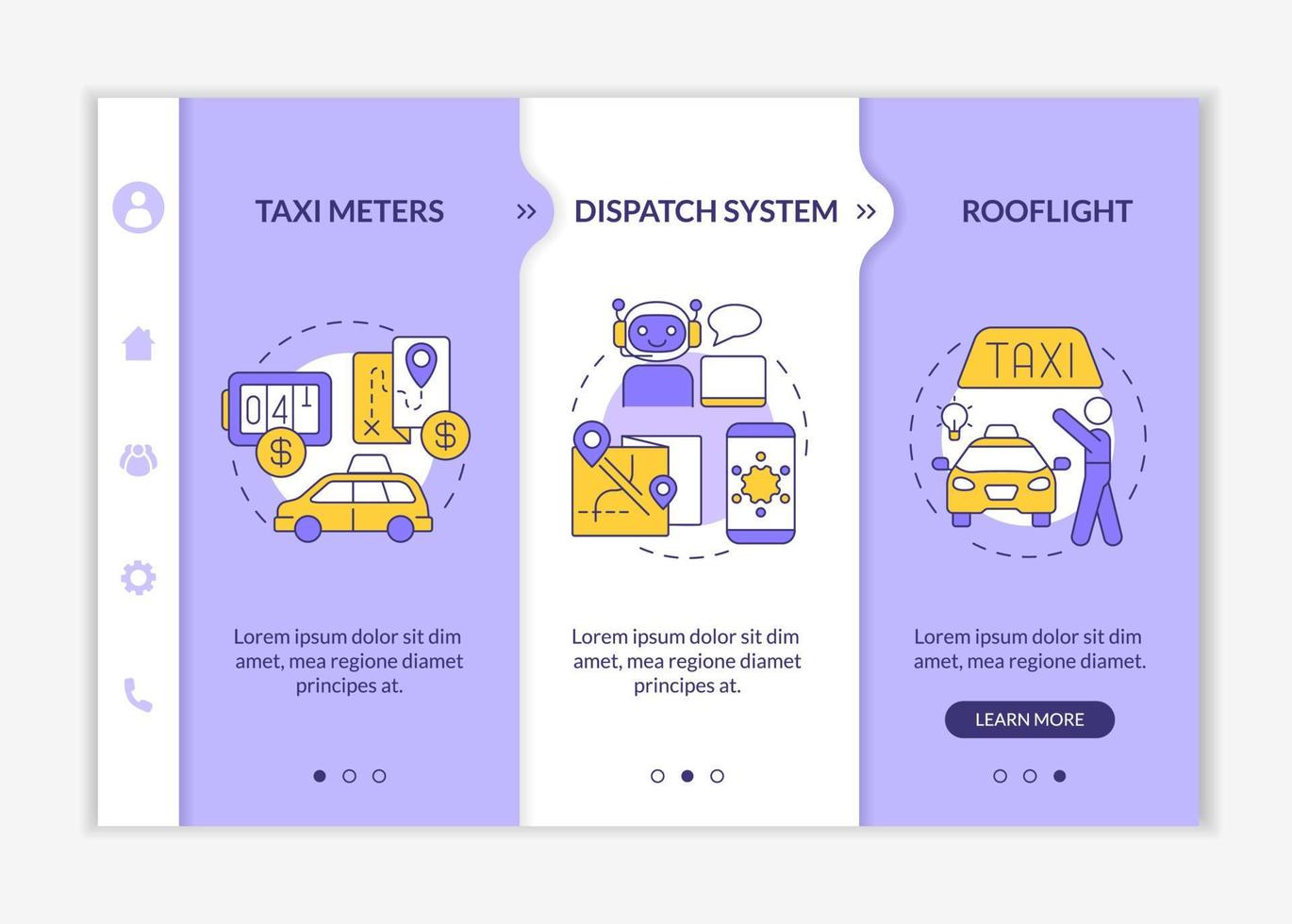 Equipment for taxi business onboarding template. Car ride service. Responsive mobile website with linear concept icons. Web page walkthrough 3 step screens. Lato-Bold, Regular fonts used vector