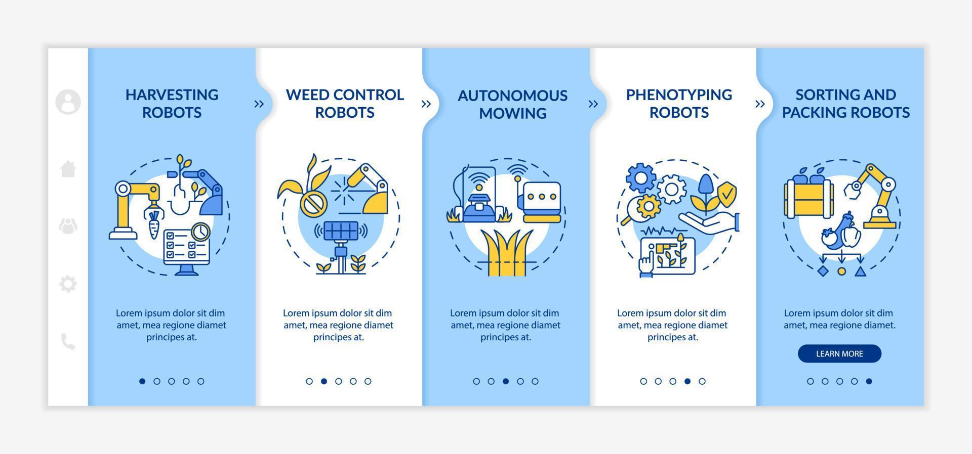 Agricultural innovations blue and white onboarding template. Weed control. Responsive mobile website with linear concept icons. Web page walkthrough 5 step screens. Lato-Bold, Regular fonts used vector