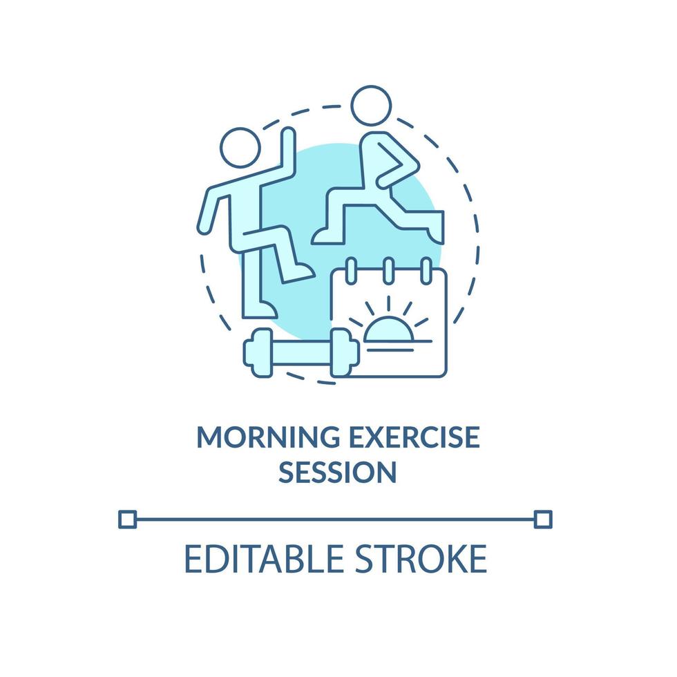 Morning exercise session turquoise concept icon. Active day starting abstract idea thin line illustration. Isolated outline drawing. Editable stroke. Roboto-Medium, Myriad Pro-Bold fonts used vector