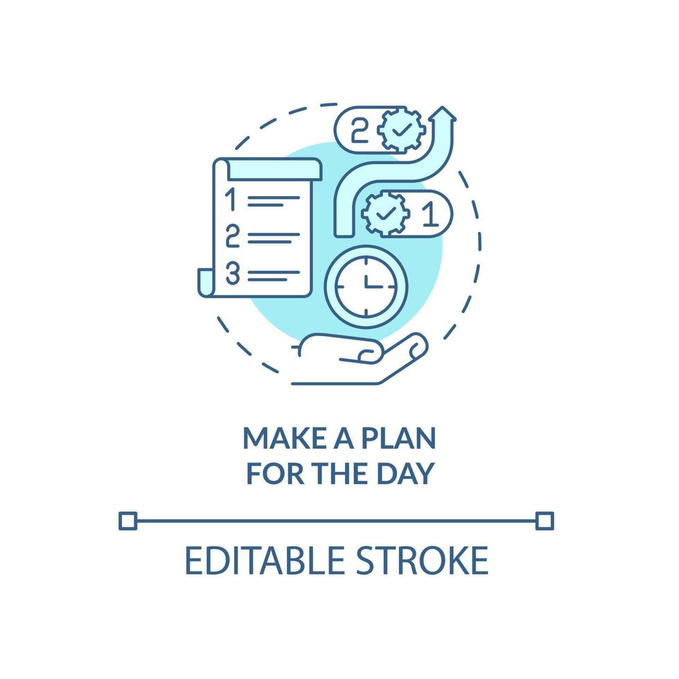 Make plan for day turquoise concept icon. Checking tasks in morning abstract idea thin line illustration. Isolated outline drawing. Editable stroke. Roboto-Medium, Myriad Pro-Bold fonts used vector
